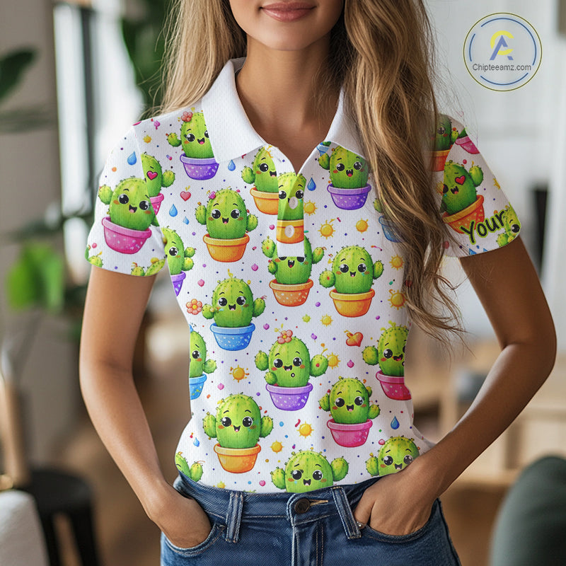 Funny Cactus Flower Pattern Womens Golf Polo Shirt, Cute Cartoon Plant Shirt Personalized, Colorful Succulent Shirt NHT556
