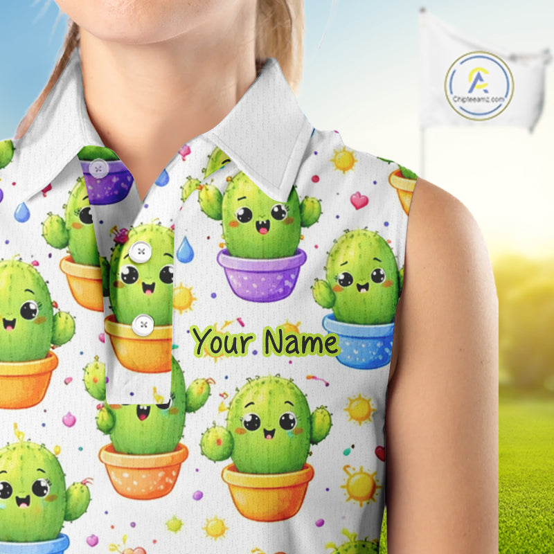 Funny Cactus Flower Pattern Womens Sleeveless Golf Polo Shirt, Cute Cartoon Plant Shirt Personalized, Colorful Succulent Shirt NHT556