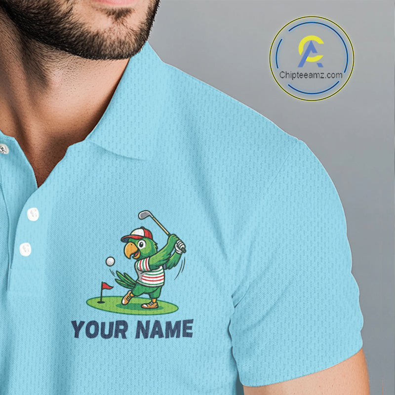 Personalized Mens Golf Polo Shirt Custom Name Funny Green Parrot Design|Blue 
