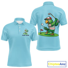 Load image into Gallery viewer, Personalized Mens Golf Polo Shirt Custom Name Funny Green Parrot Design|Blue 