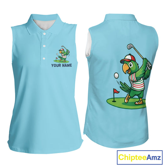 Personalized Womens Sleeveless Golf Polo Shirt Custom Name Funny Green Parrot Design|Blue 
