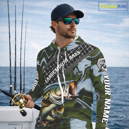 Largemouth Bass Hooded Fishing Shirt Long Sleeve Abstract Green Camo Performance Jersey For Men NHT922