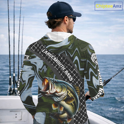 Largemouth Bass Hooded Fishing Shirt Long Sleeve Abstract Green Camo Performance Jersey For Men NHT922