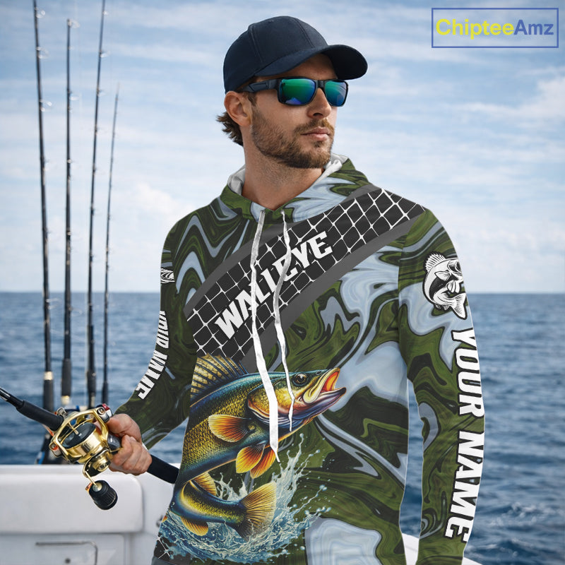 Walleye Hooded Fishing Shirt Long Sleeve Abstract Green Camo Performance Jersey For Men NHT923
