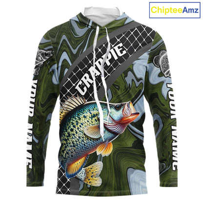 Crappie Hooded Fishing Shirt Long Sleeve Abstract Green Camo Performance Jersey For Men NHT924