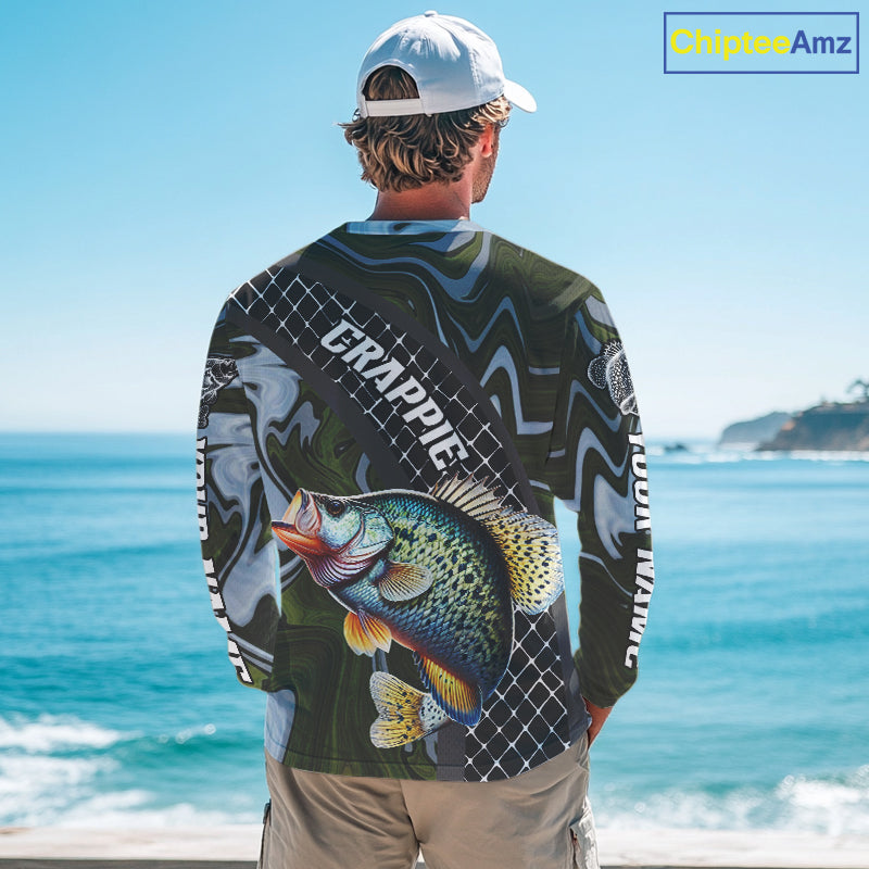 Crappie Fishing Shirts Long Sleeve Abstract Green Camo Performance Jersey For Men NHT924