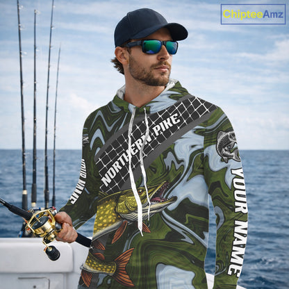 Northern Pike Hooded Fishing Shirt Long Sleeve Abstract Green Camo Performance Jersey For Men NHT925