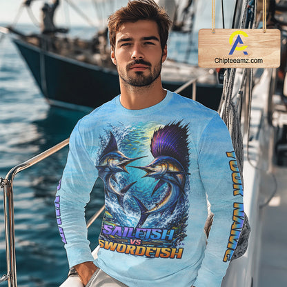 Personalized Sailfish Vs Swordfish Fishing Saltwater Long Sleeve Fishing Shirts NHT419