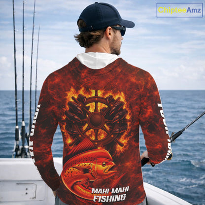 Red Mahi Mahi Fishing Shirts Long Sleeve Hooded, Personalized Men's Fishing Shirt NHT420