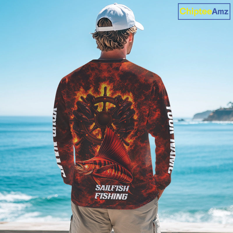 Red Sailfish Fishing Shirts Long Sleeve, Personalized Men's Fishing Shirt NHT421