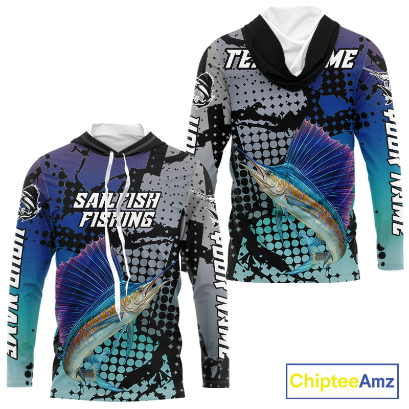 Sailfish Hooded Fishing Shirt Blue Camo Custom Name, Sailfish Fishing Team Jerseys NHT475