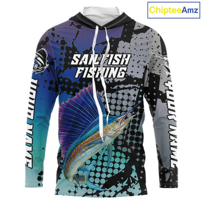 Sailfish Hooded Fishing Shirt Blue Camo Custom Name, Sailfish Fishing Team Jerseys NHT475