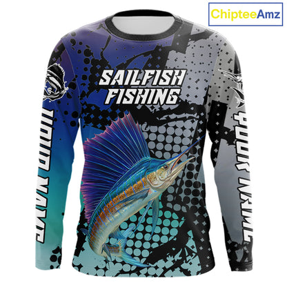 Sailfish Fishing Shirt Blue Camo Custom Name, Sailfish Fishing Team Jerseys NHT475
