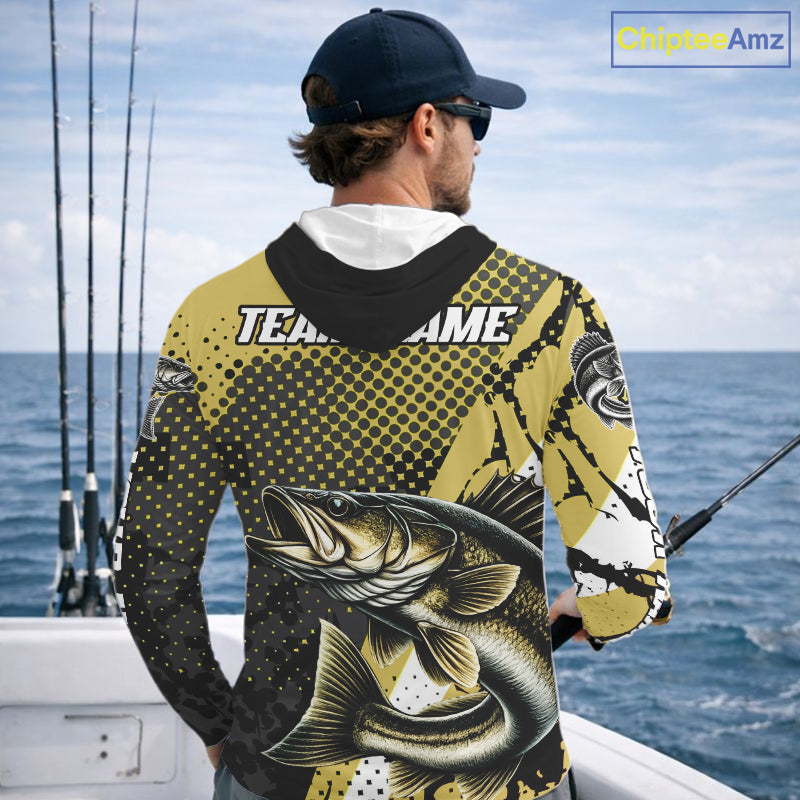 Personalized Walleye Fishing Shirts Long Sleeve Hooded, Yellow Camo Walleye Fishing Shirts NHT483