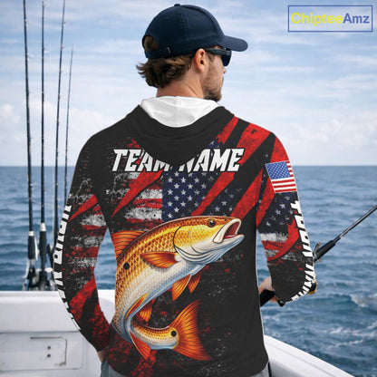 Patriotic Redfish Fishing Jersey, Fishing Shirts Hooded Long Sleeve Custom Name For Men NHT485