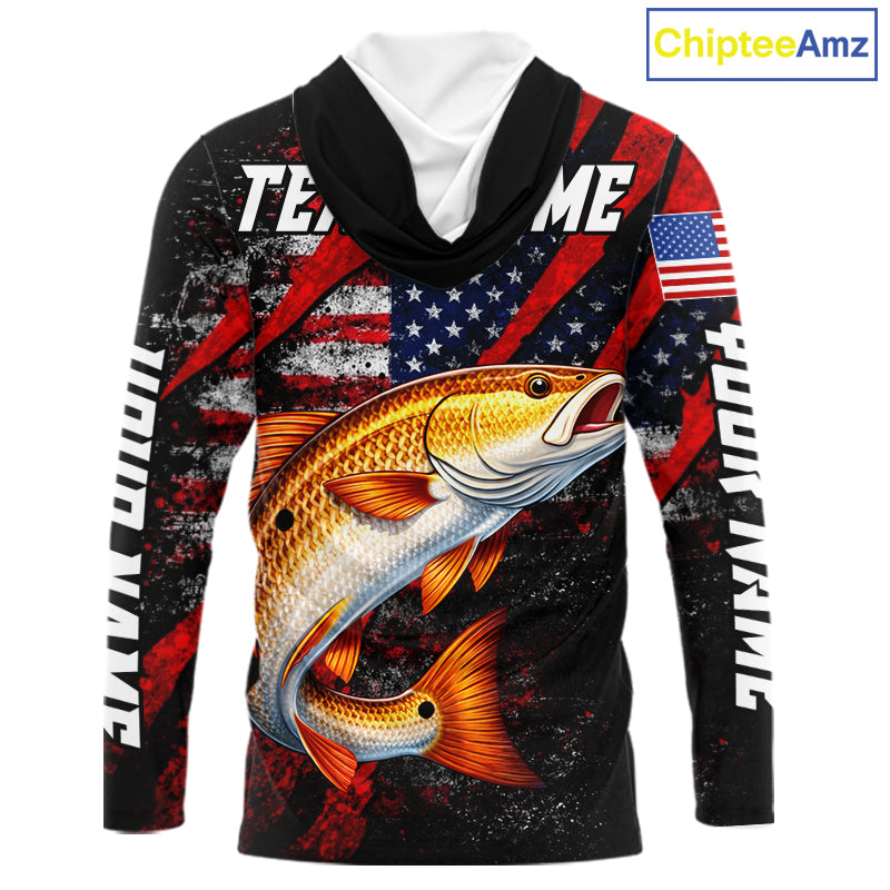 Patriotic Redfish Fishing Jersey, Fishing Shirts Hooded Long Sleeve Custom Name For Men NHT485