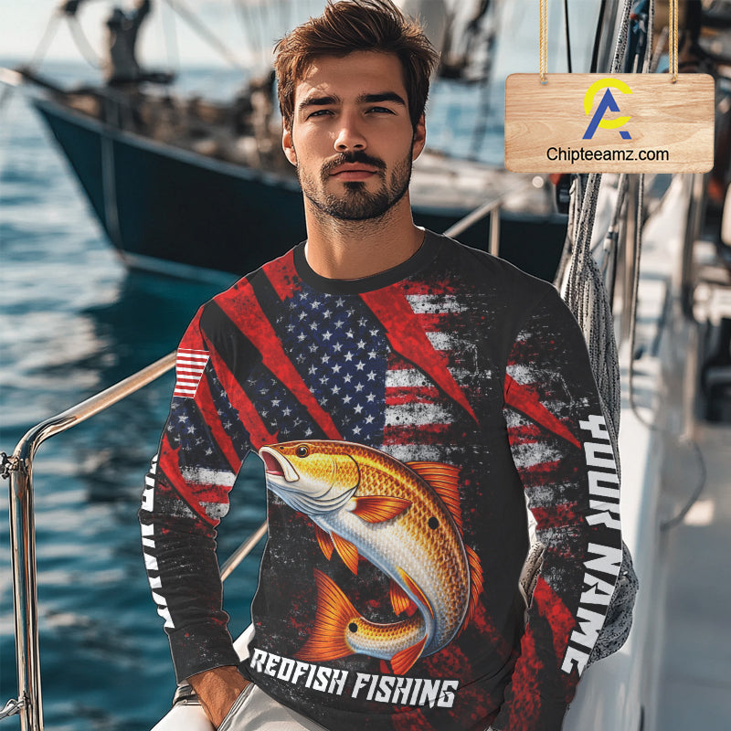 Patriotic Redfish Fishing Jersey, Fishing Shirts Long Sleeve Custom Name For Men NHT485