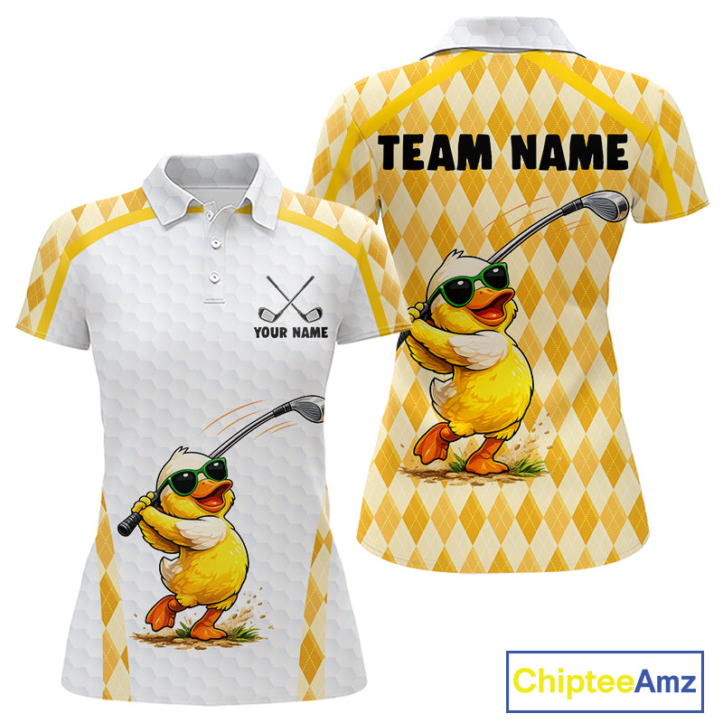 Custom Yellow & White Funny Duck Golf Shirt For Womens, Golf Jersey Argyle Pattern For Womens NHT559
