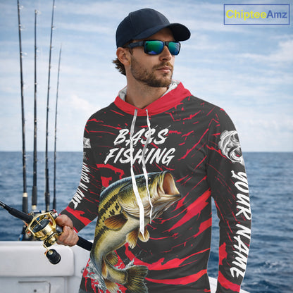 Custom Largemouth Bass Fishing Shirts Long Sleeve Hooded – Performance Tournament Jersey For Men| Red NHT769