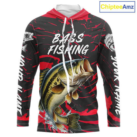 Custom Largemouth Bass Fishing Shirts Long Sleeve Hooded – Performance Tournament Jersey For Men| Red NHT769