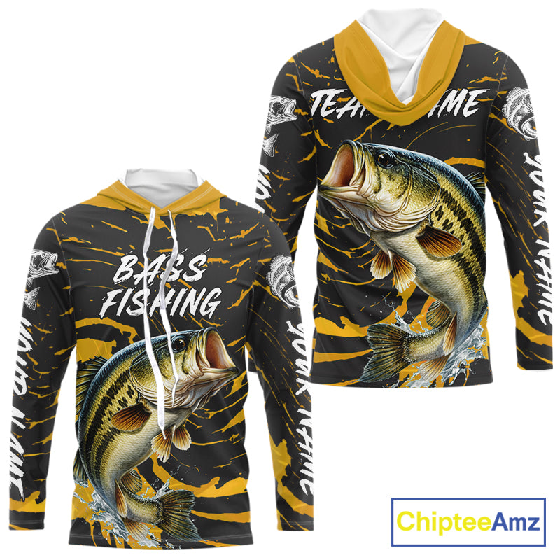 Custom Largemouth Bass Fishing Shirts Long Sleeve Hooded – Performance Tournament Jersey For Men| Yellow NHT770