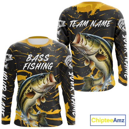 Custom Largemouth Bass Fishing Shirts Long Sleeve – Performance Tournament Jersey For Men| Yellow NHT770