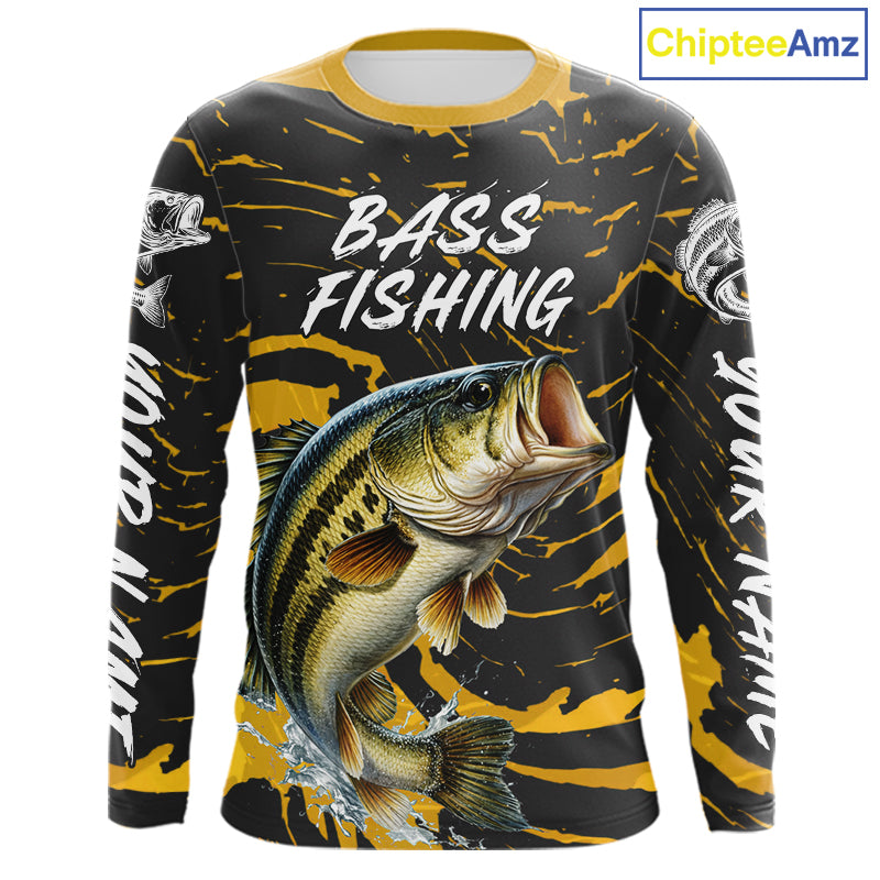 Custom Largemouth Bass Fishing Shirts Long Sleeve – Performance Tournament Jersey For Men| Yellow NHT770