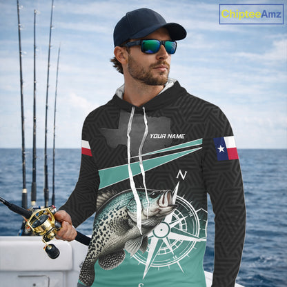 Texas Crappie Fishing Jersey, Texas Flag Patriot Custom Name Hooded Fishing Shirts Long Sleeve NHT568