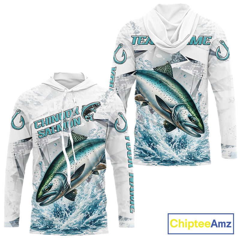 Personalized Chinook Salmon Fishing Jerseys, Salmon Long Sleeve Fishing Shirts Hooded For Men NHT571
