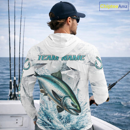 Personalized Chinook Salmon Fishing Jerseys, Salmon Long Sleeve Fishing Shirts Hooded For Men NHT571