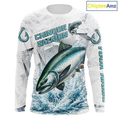 Personalized Chinook Salmon Fishing Jerseys, Salmon Long Sleeve Fishing Shirts For Men NHT571