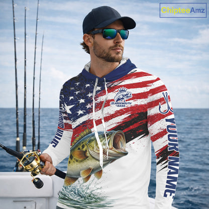 Personalized Patriotic Bass Fishing Shirts Long Sleeve Hooded, American Flag Fishing Jerseys For Men NHT773