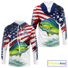 Load image into Gallery viewer, Personalized Patriotic Mahi Mahi( Dorado) Fishing Shirts Long Sleeve Hooded, American Flag Fishing Jerseys For Men NHT775