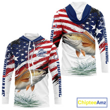 Load image into Gallery viewer, Personalized Patriotic Redfish Fishing Shirts Long Sleeve Hooded, American Flag Fishing Jerseys For Men NHT776