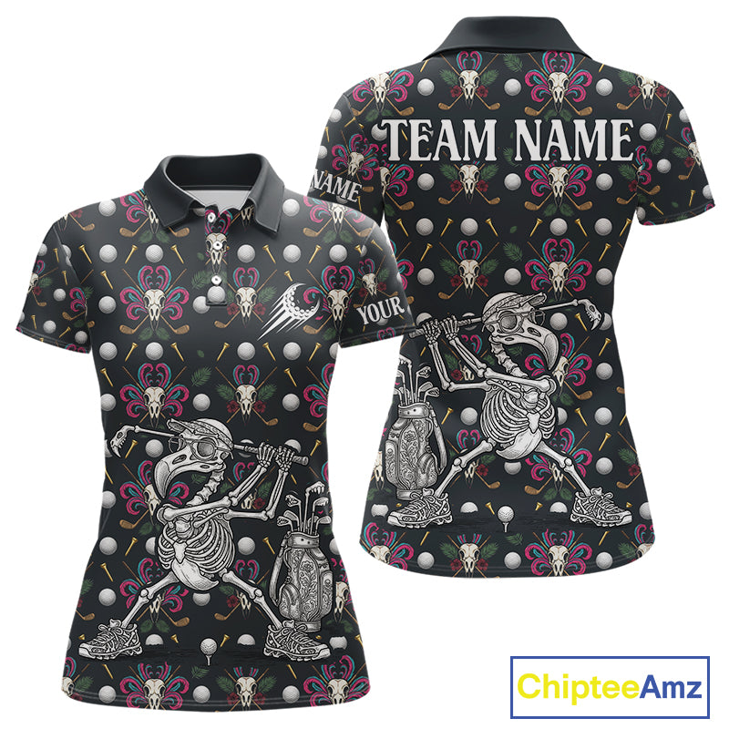 Dark Skull Golf Polo Shirt – Gothic Skeleton Flamingo Pattern Funny Golf Shirt For Womens NHT781