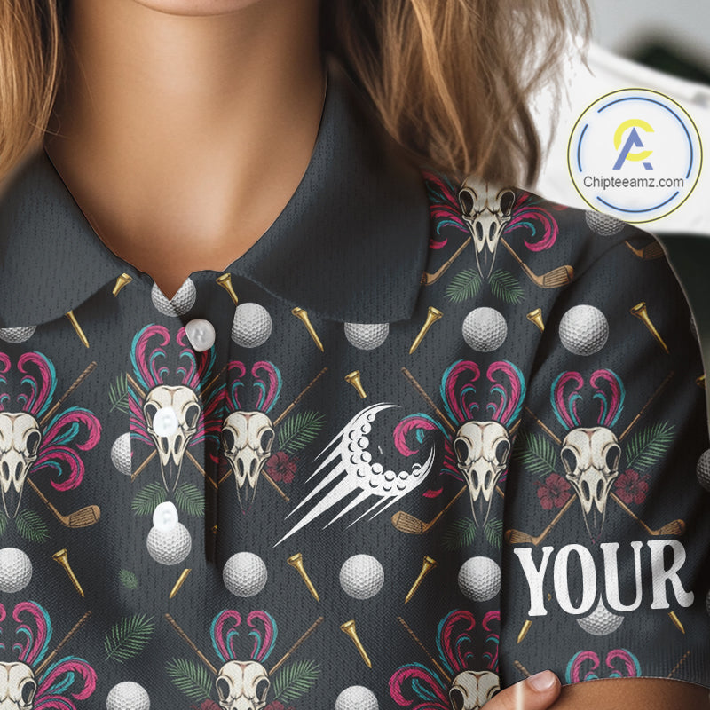 Dark Skull Golf Polo Shirt – Gothic Skeleton Flamingo Pattern Funny Golf Shirt For Womens NHT781