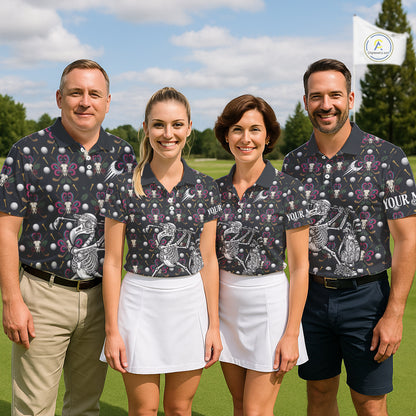 Dark Skull Golf Polo Shirt – Gothic Skeleton Flamingo Pattern Funny Golf Shirt For Womens NHT781