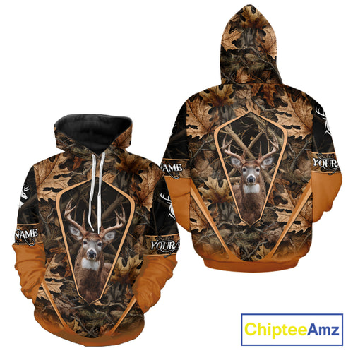 Personalized Whitetail Deer Hunting 3D All Over Printed Hoodie Brown Autumn Leaves Camo NHT314