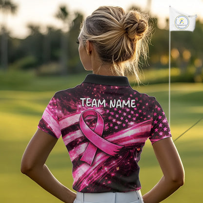Personalized Breast Cancer Awareness Polo Shirt American Flag Pink Ribbon – Golf Gift For Women NHT799