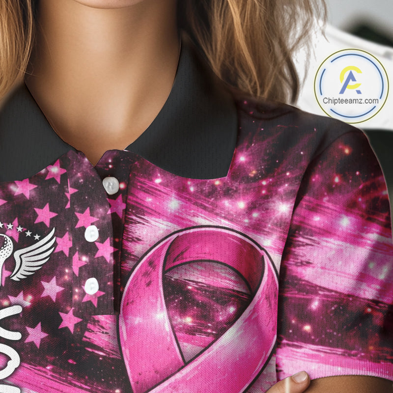 Personalized Breast Cancer Awareness Polo Shirt American Flag Pink Ribbon – Golf Gift For Women NHT799