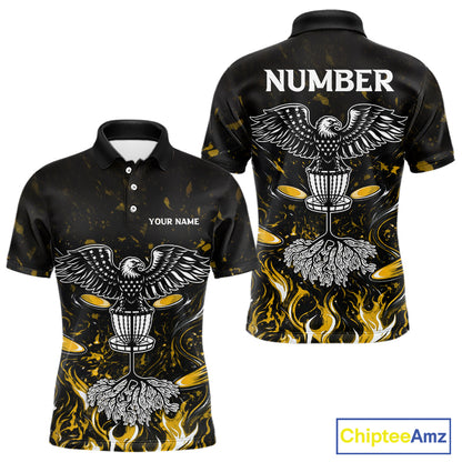 Personalized Mens Disc Golf Polo Shirt With Eagle Design, Customizable Name, Unisex Sports Jersey For Men|Yellow NHT812