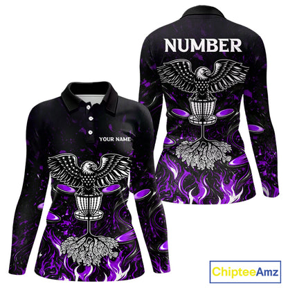 Personalized Womens Disc Golf Polo Shirt With Eagle Design, Customizable Name, Unisex Sports Jersey For Womens|Purple NHT813