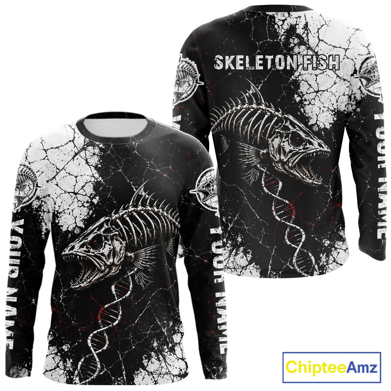 Skeleton Fish Long Sleeve Shirt DNA Helix Graphic Fishing Lover 3D Print Angler Gift Apparel For Men 