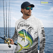Load image into Gallery viewer, Custom Name Mahi Mahi Fishing Long Sleeve Hooded Performance Shirt, Dolphin Gift For Men 