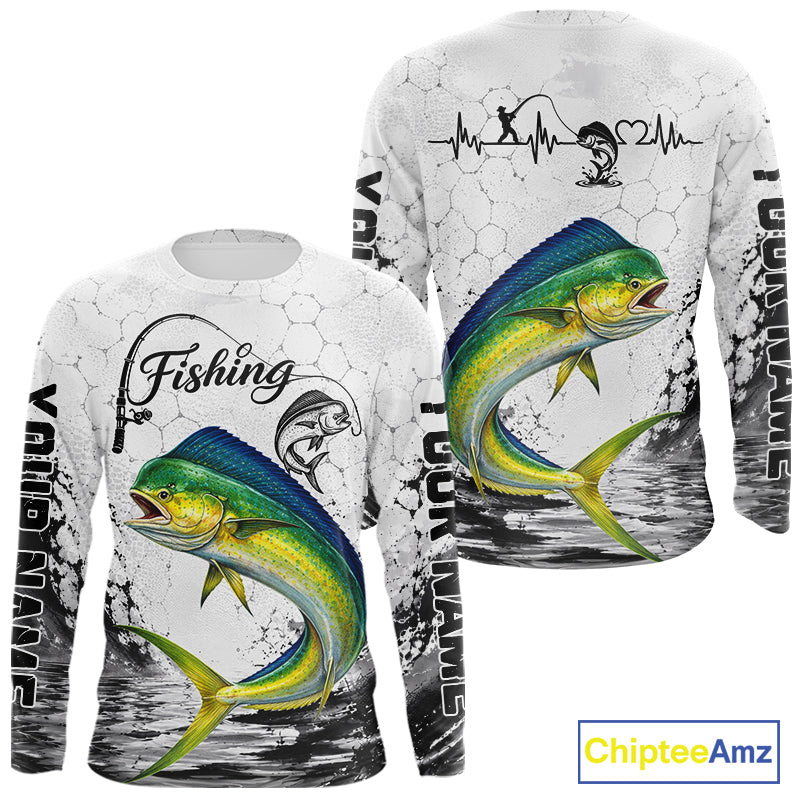 Custom Name Mahi Mahi Fishing Long Sleeve Performance Shirt, Dolphin Gift For Men NHT1121