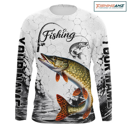 Custom Name Northern Pike Fishing Long Sleeve Performance Shirt, Pike Fishing Jersey