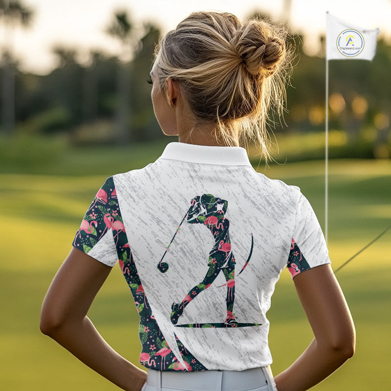 Flamingo Womens Golf Polo Shirts, Colorful Tropical Flamingo Pattern, Tropical Golf Shirt NHT590