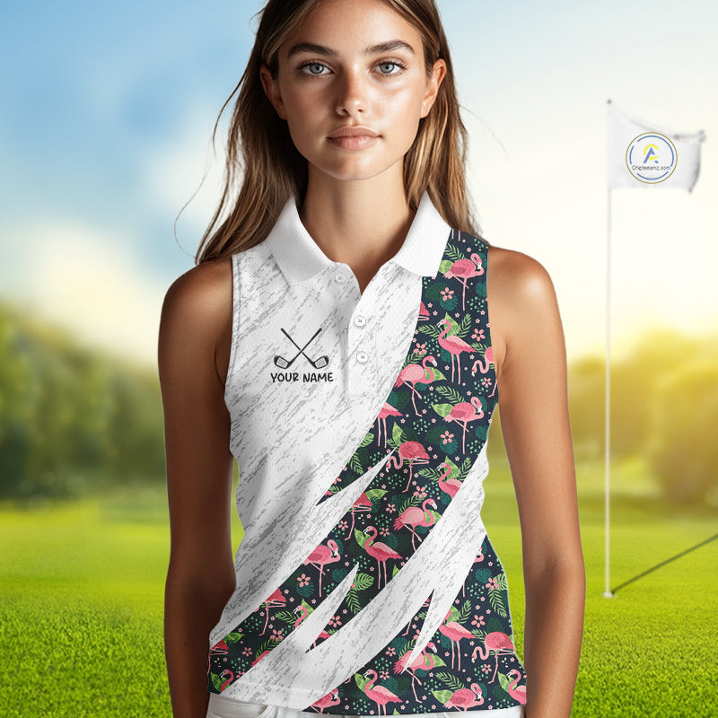 Flamingo Womens Sleeveless Golf Polo Shirts, Colorful Tropical Flamingo Pattern, Tropical Golf Shirt NHT590