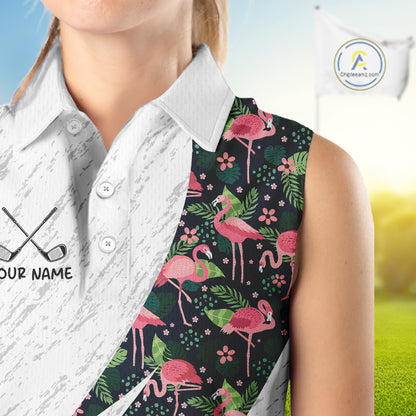 Flamingo Womens Sleeveless Golf Polo Shirts, Colorful Tropical Flamingo Pattern, Tropical Golf Shirt NHT590