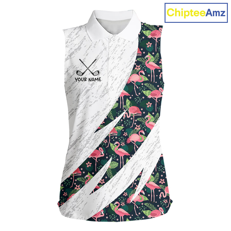 Flamingo Womens Sleeveless Golf Polo Shirts, Colorful Tropical Flamingo Pattern, Tropical Golf Shirt NHT590
